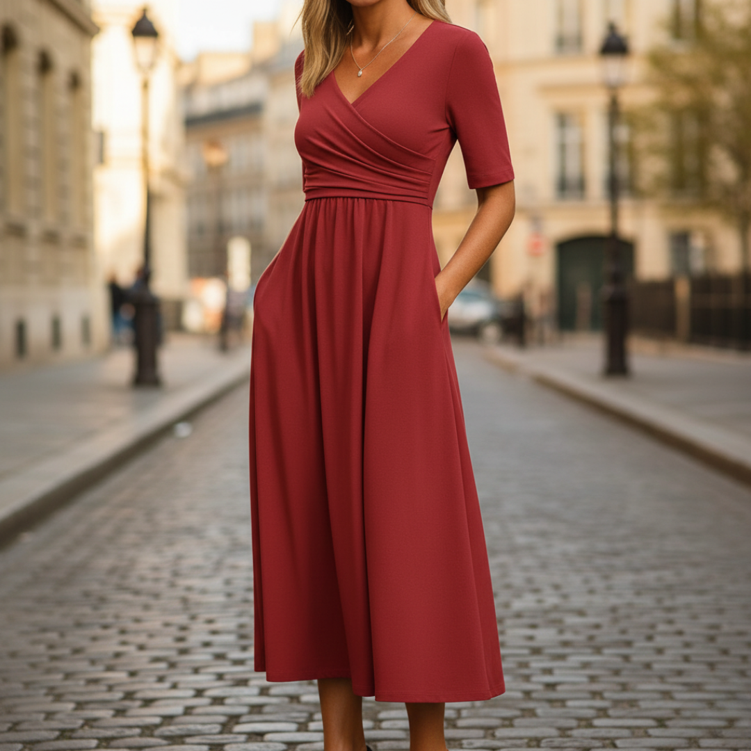 Women's Midi Dress with Pleats and V-Neck