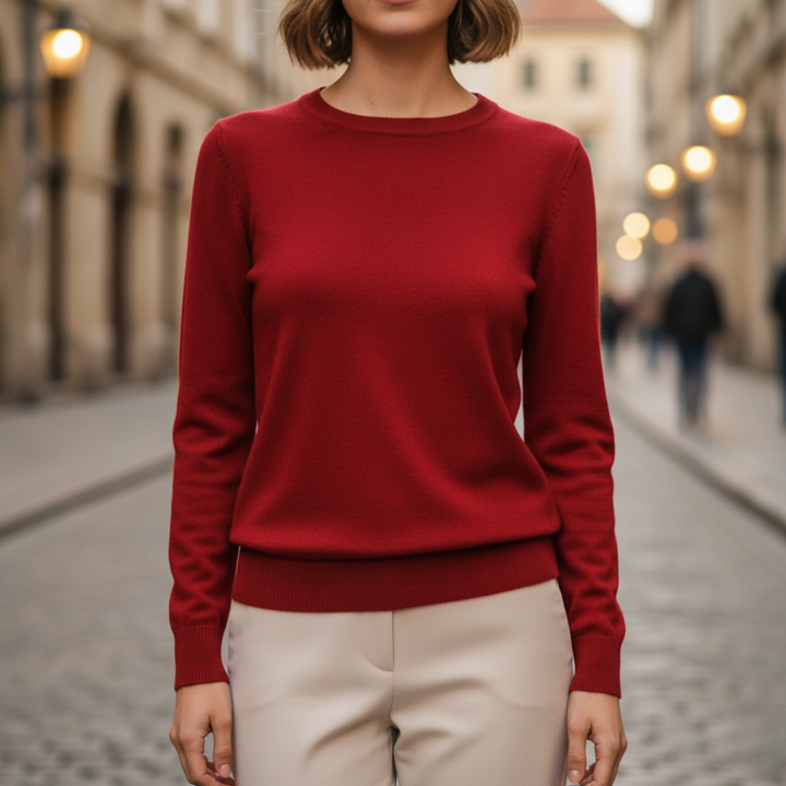 Maglione basico da donna a maniche lunghe con scollo tondo in maglia fine
