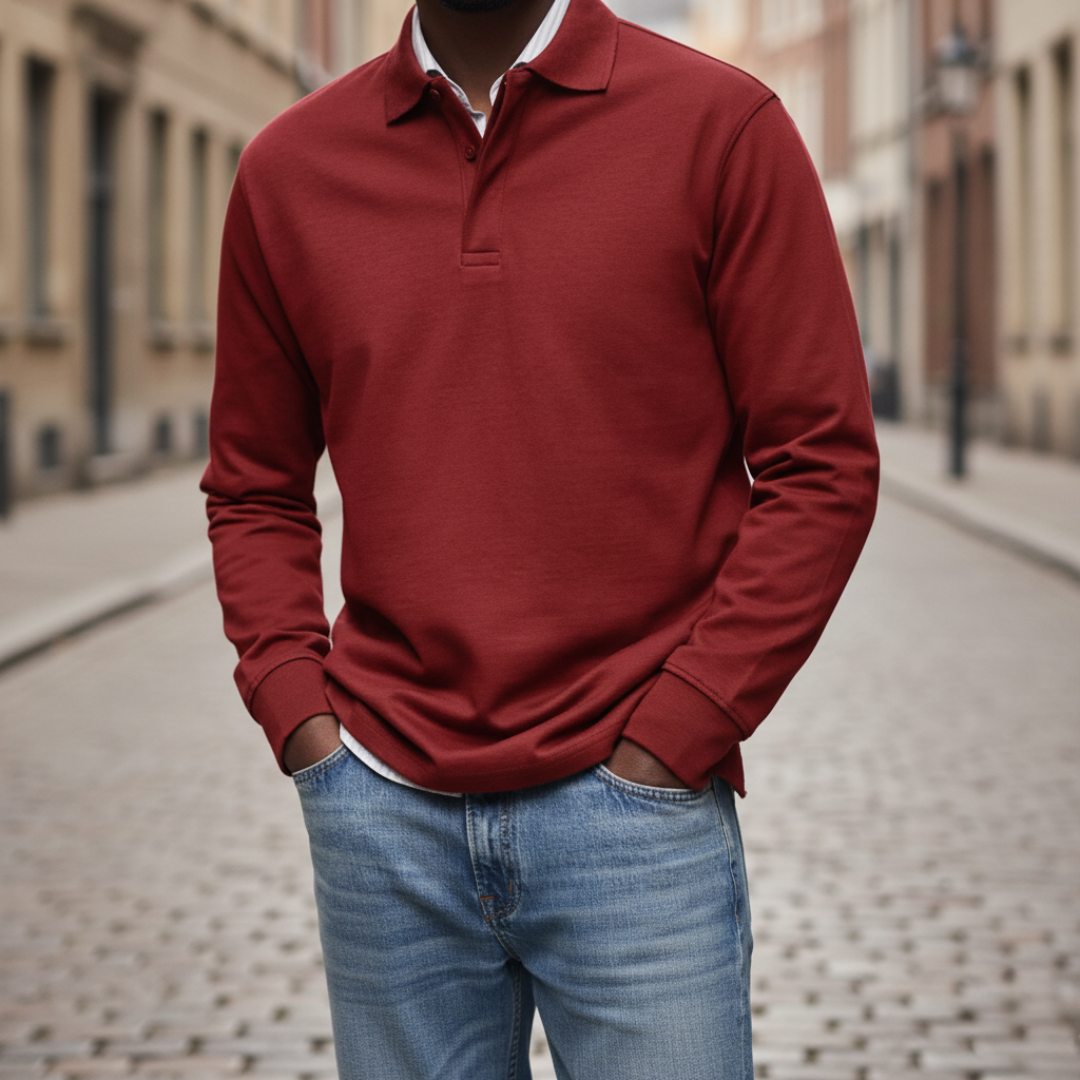 Men's Long Sleeve Polo with Collar and Button