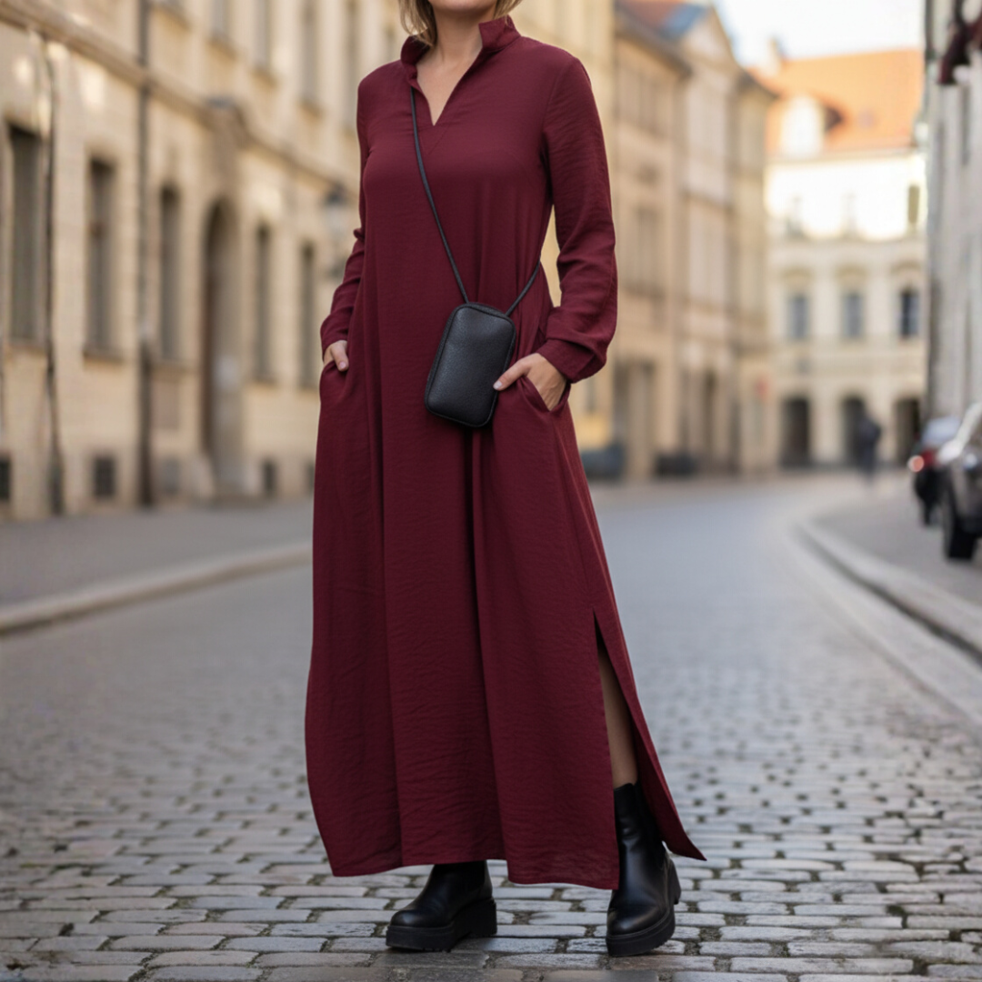 Long Women's Dress with High Collar and Pockets
