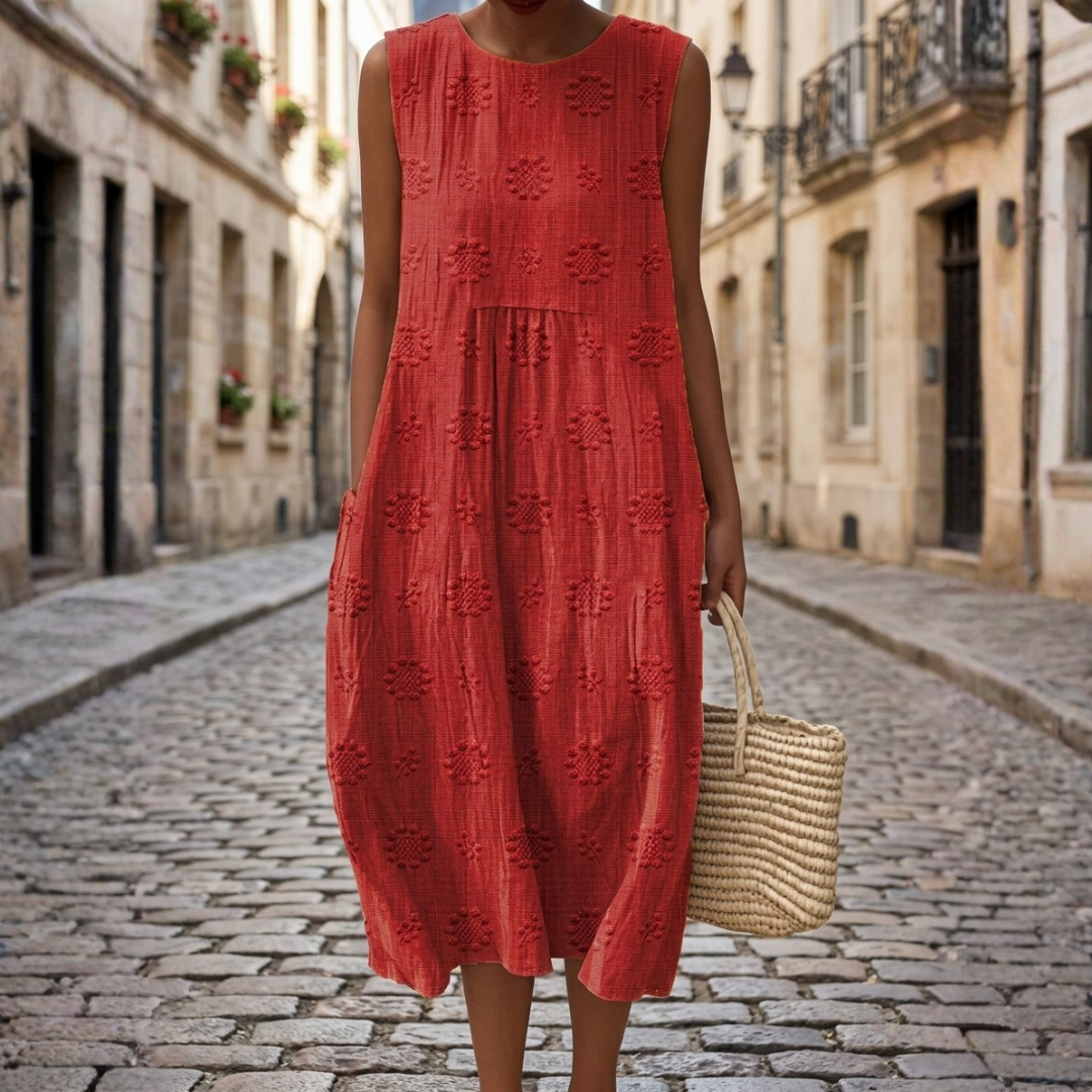 Women's Midi Dress in Cotton with Floral Embroidery