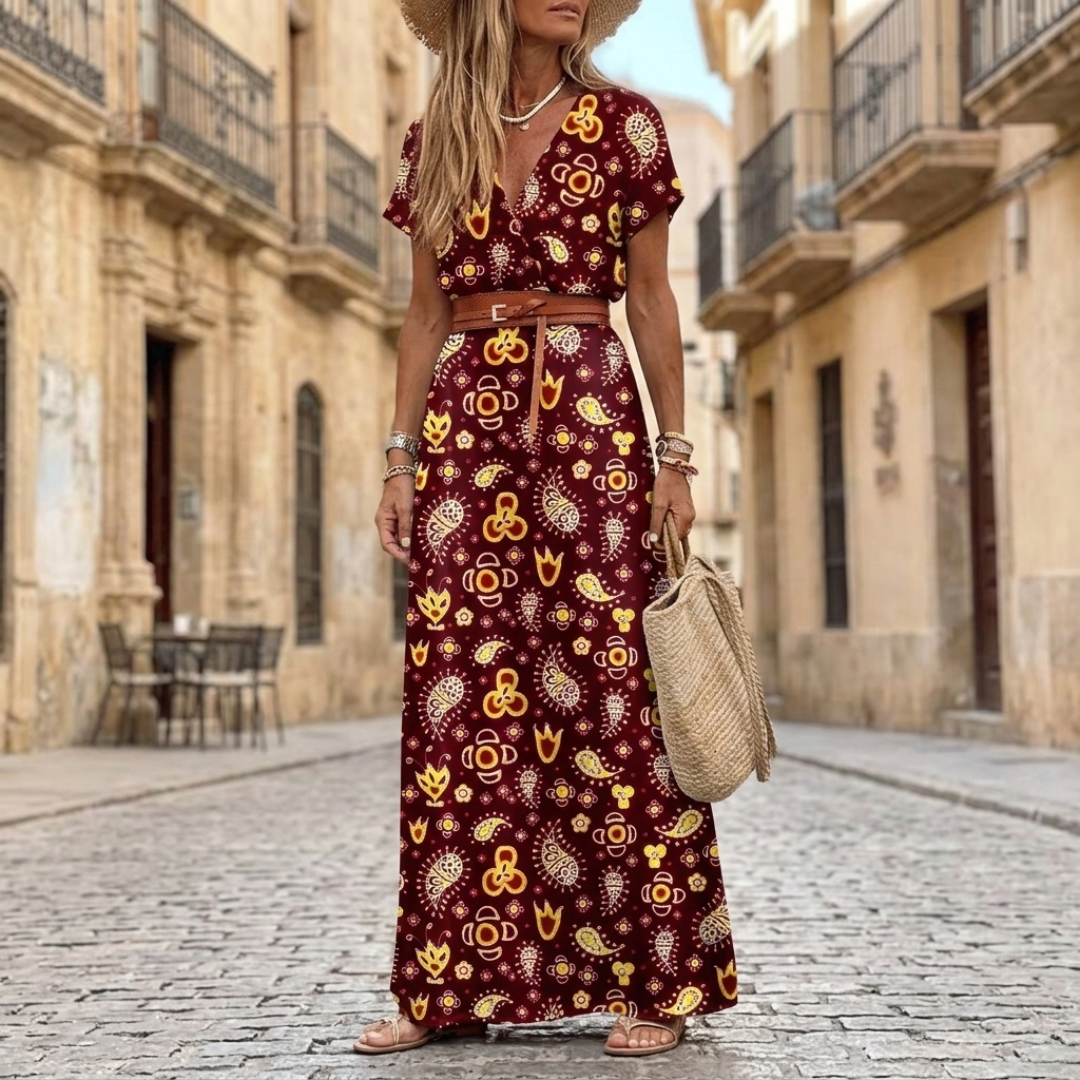Women's Summer Floral Midi Dress V-Neck Puff Sleeves