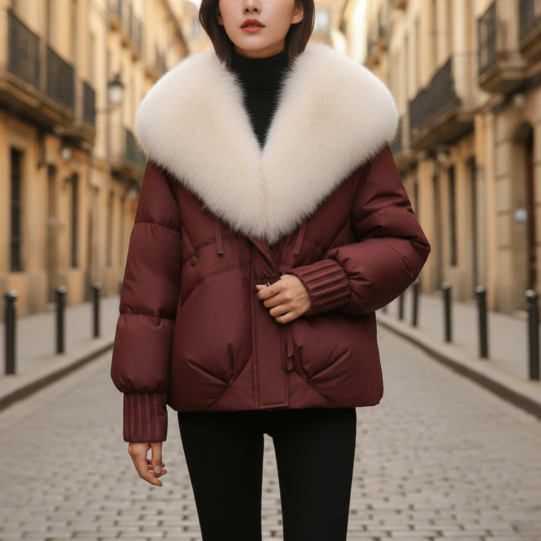 Short Winter Women's Puffer Jacket with Faux Fur Collar