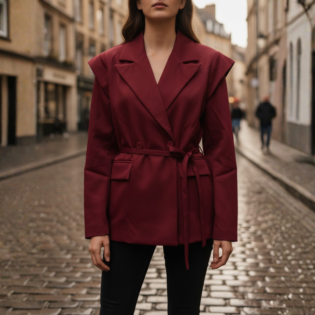 Women's Blazer Jacket with Belt and Structured Shoulders
