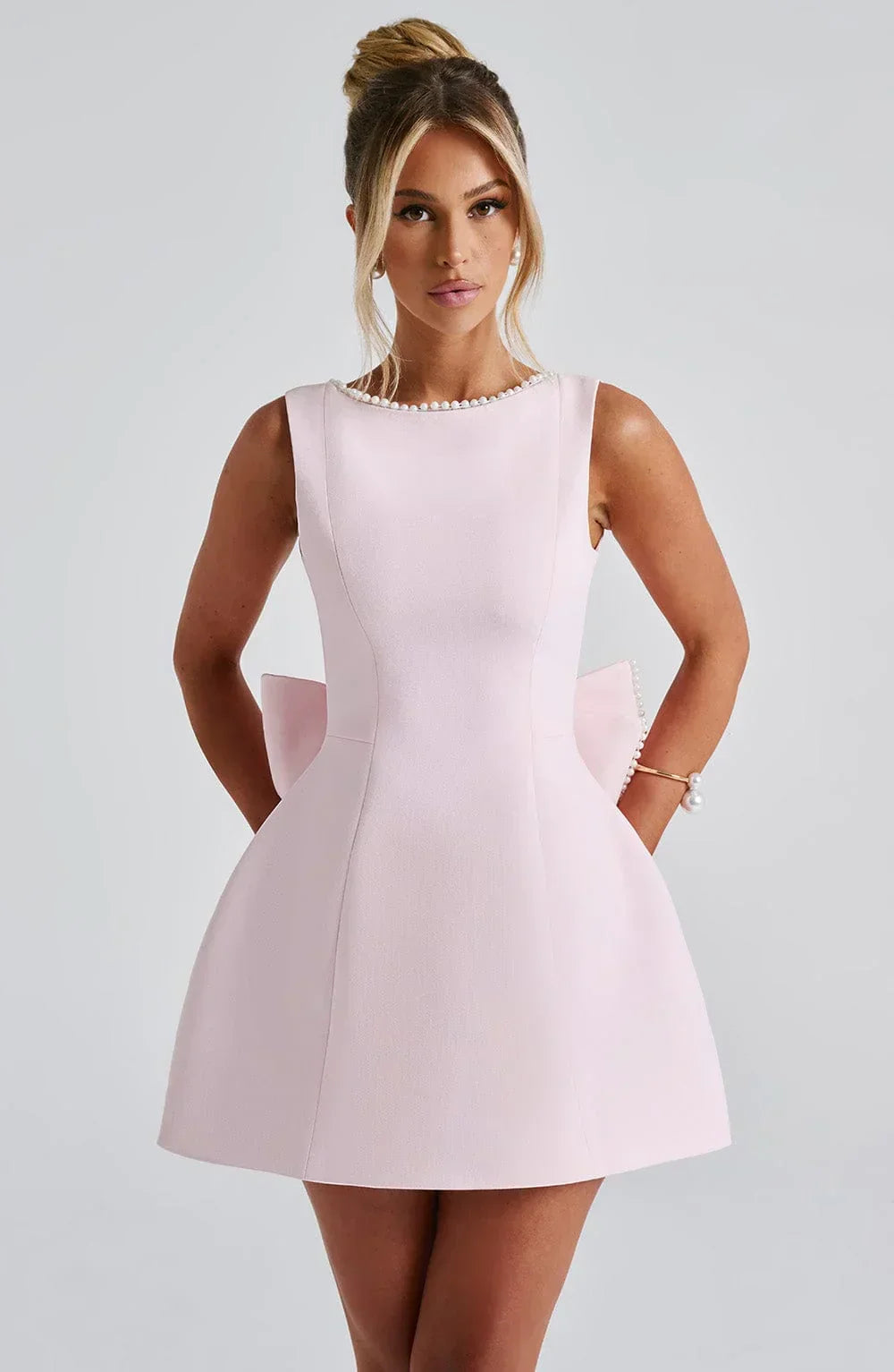 Women's Satin Sleeveless Dress with Decorative Bow