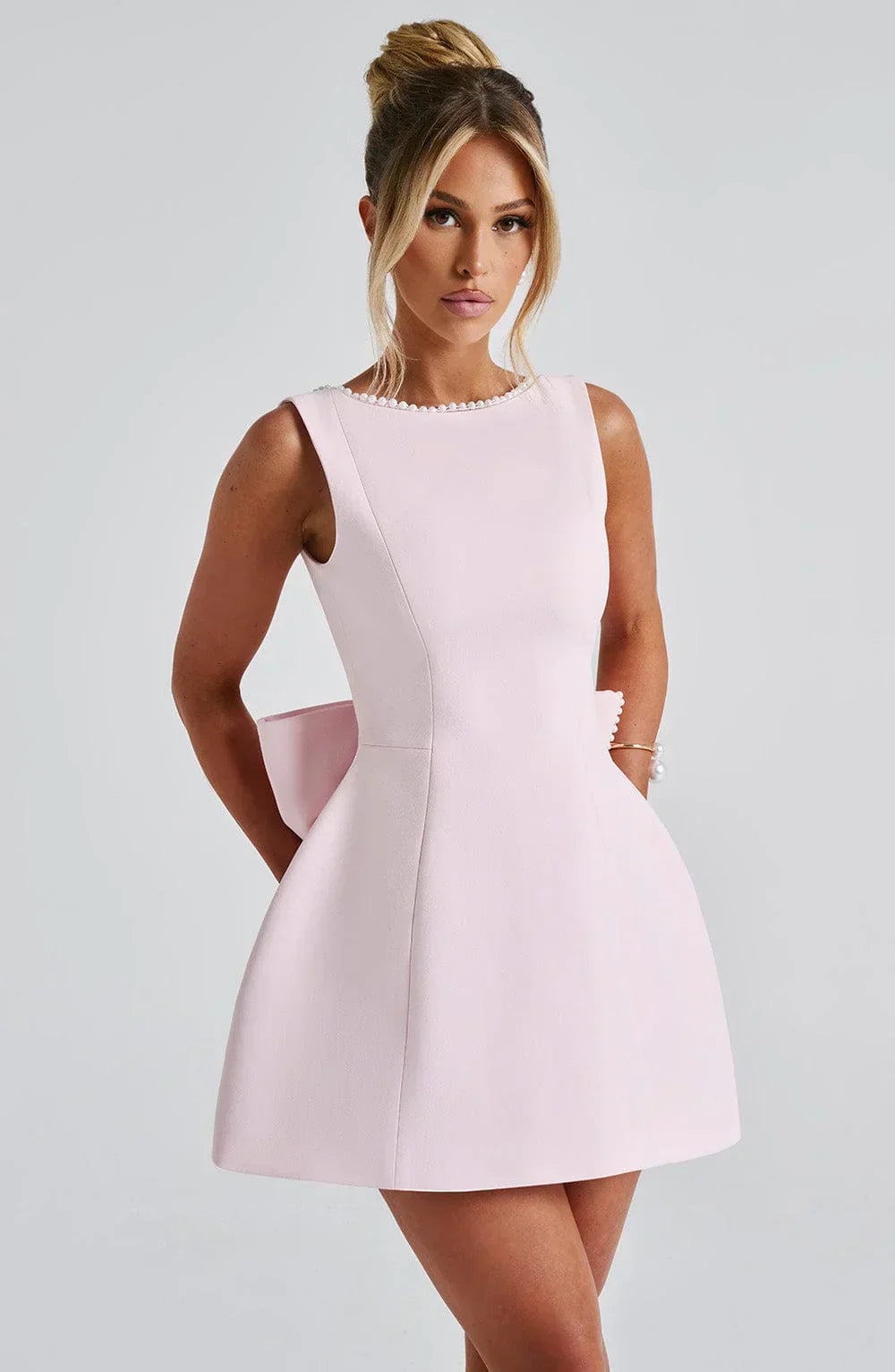 Women's Satin Sleeveless Dress with Decorative Bow