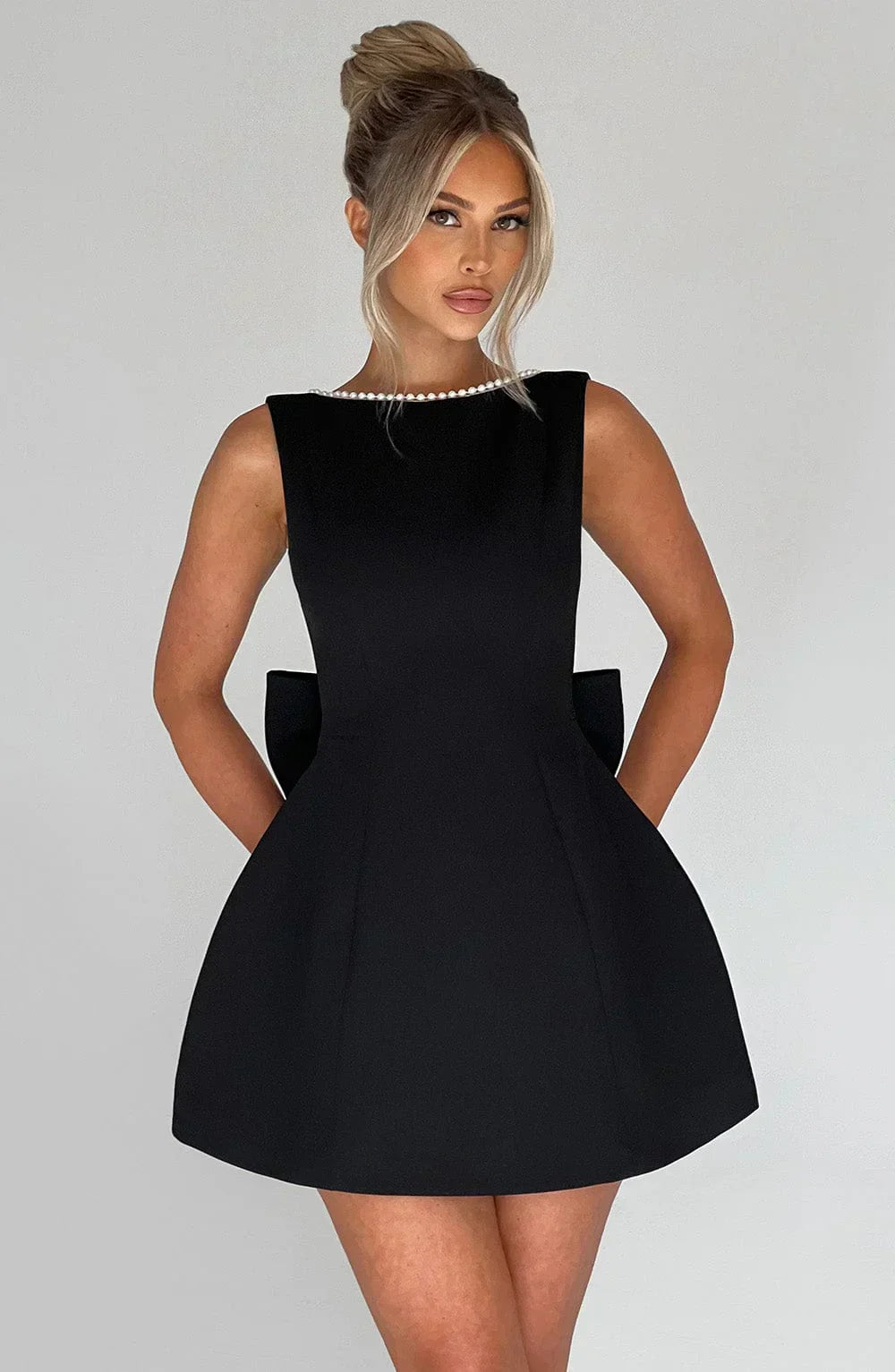 Women's Satin Sleeveless Dress with Decorative Bow
