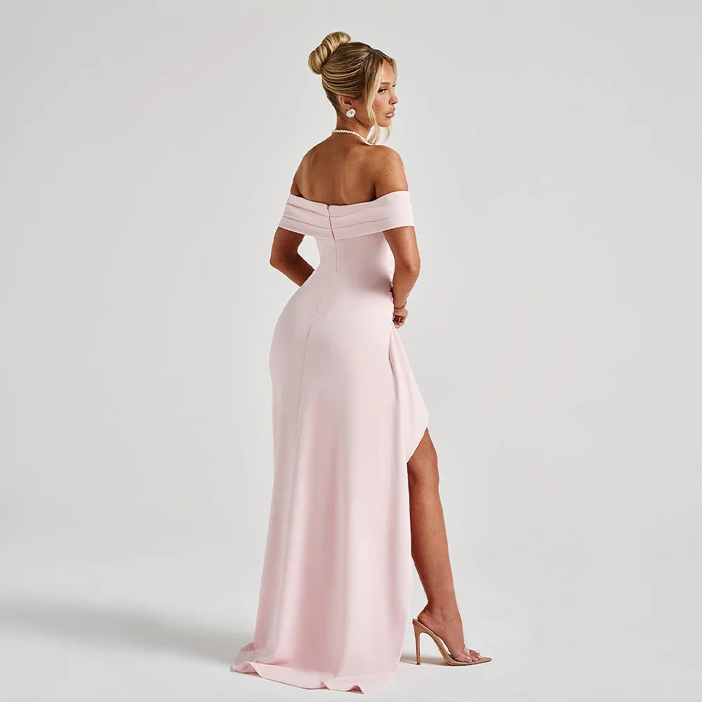 Long Women's Dress in Satin with Off-the-Shoulder Design and Slit – Elegant