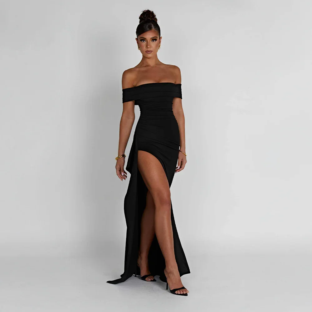 Long Women's Dress in Satin with Off-the-Shoulder Design and Slit – Elegant