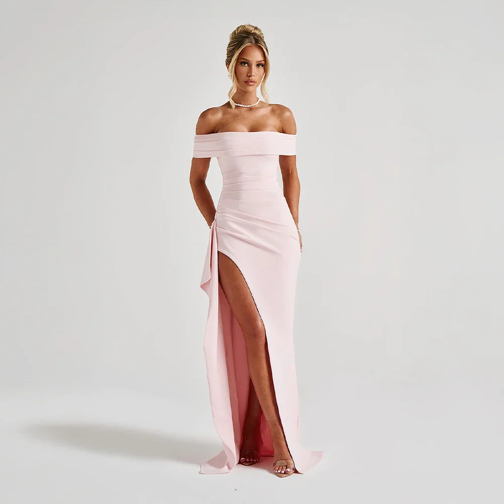 Long Women's Dress in Satin with Off-the-Shoulder Design and Slit – Elegant