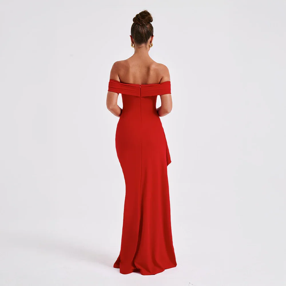 Long Women's Dress in Satin with Off-the-Shoulder Design and Slit – Elegant