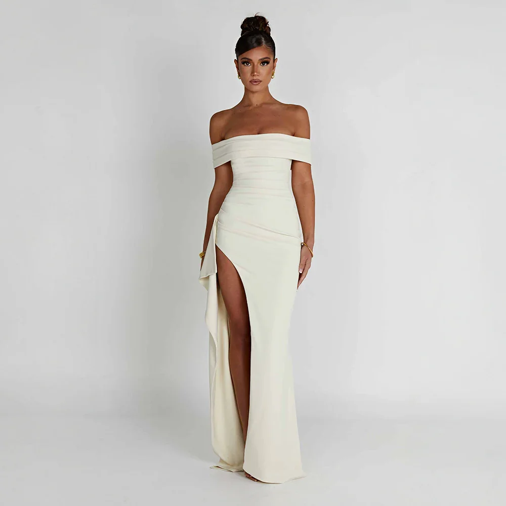 Long Women's Dress in Satin with Off-the-Shoulder Design and Slit – Elegant