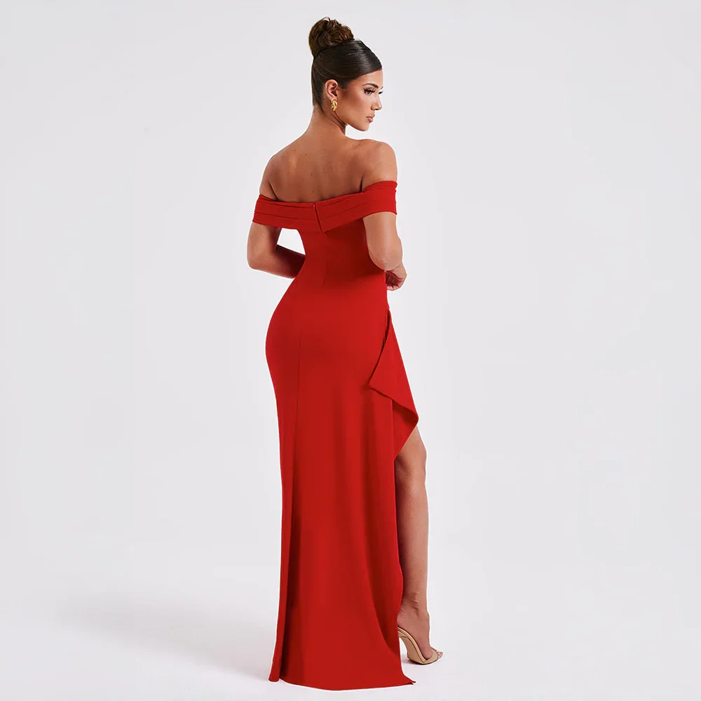 Long Women's Dress in Satin with Off-the-Shoulder Design and Slit – Elegant