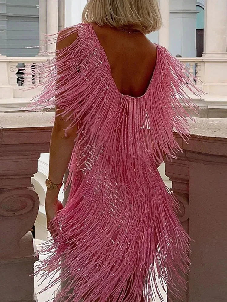 Women's Satin Fringe Dress with Shiny Details – Ceremony