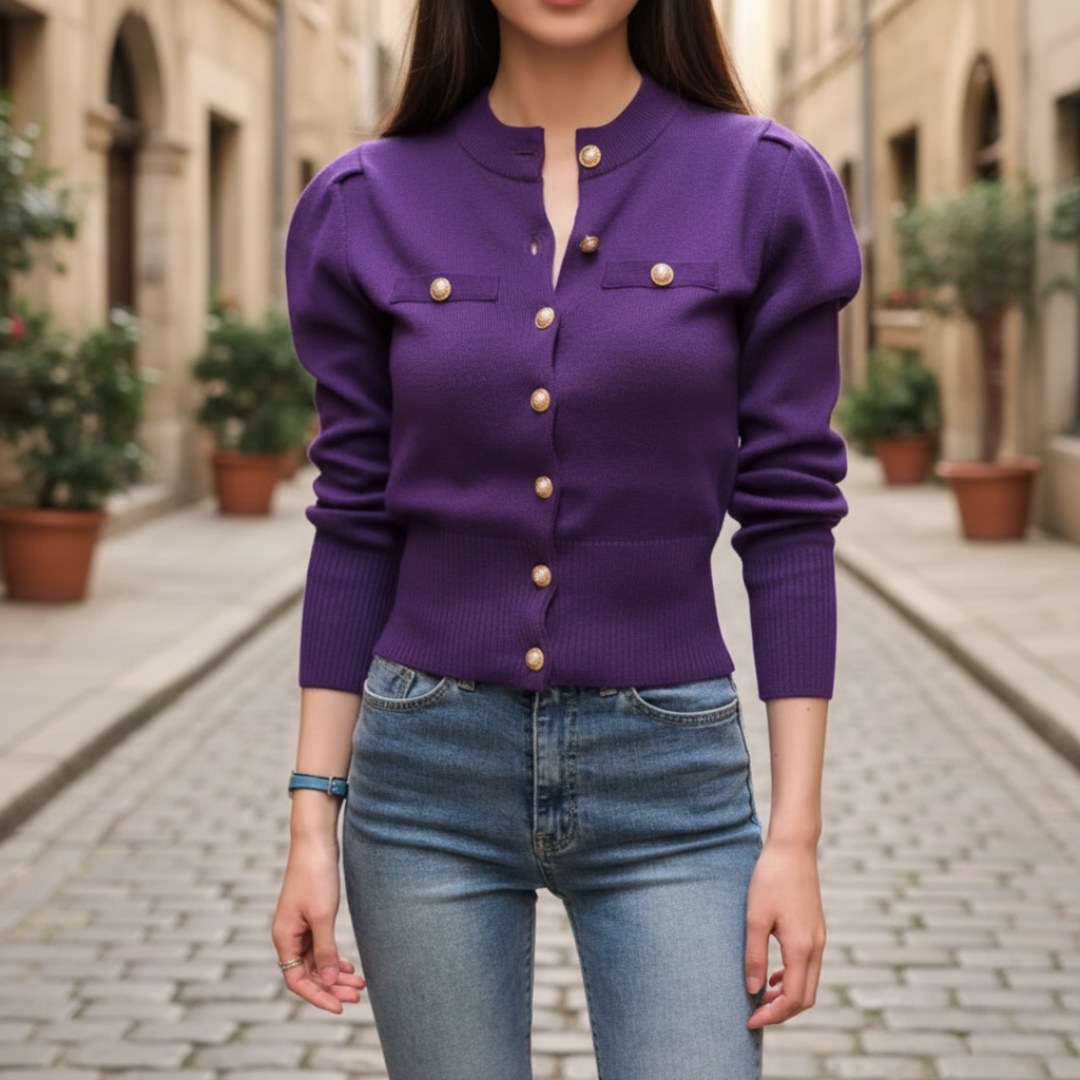Women's Cardigan with Button Closure in Mixed Fabric