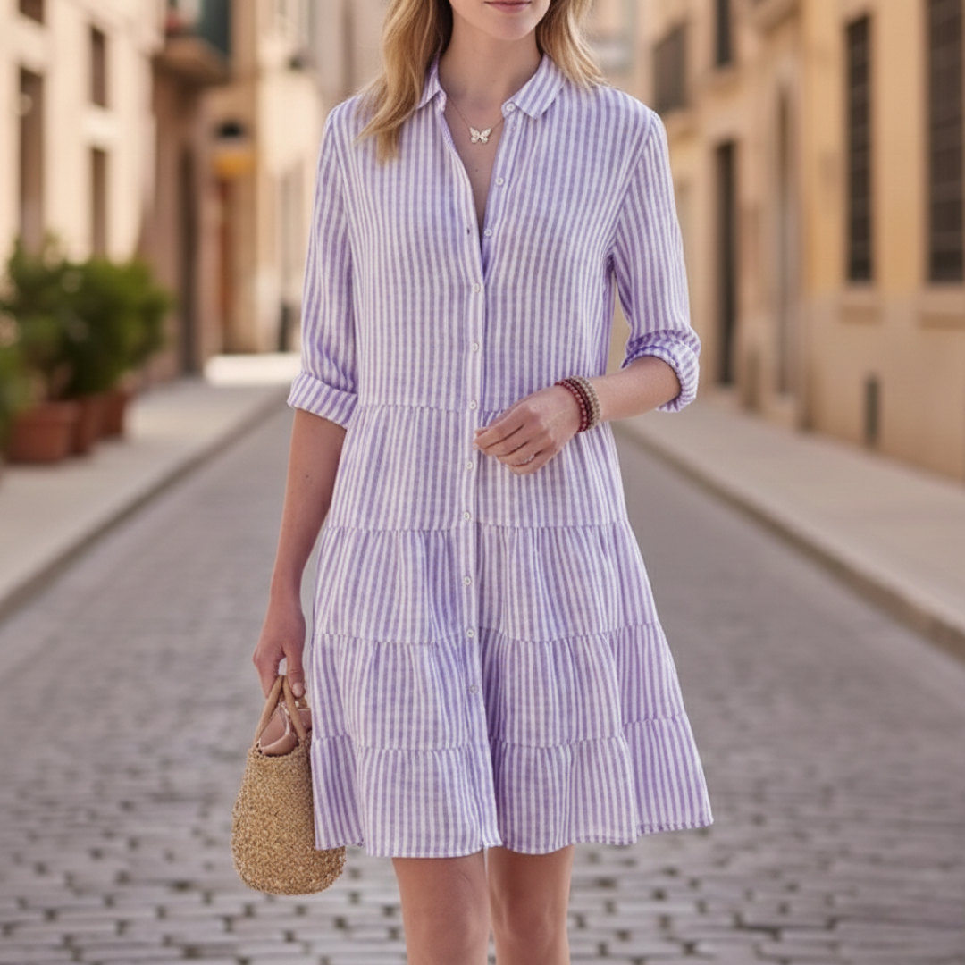 Striped Ruffle Shirt Dress with Buttons for Women