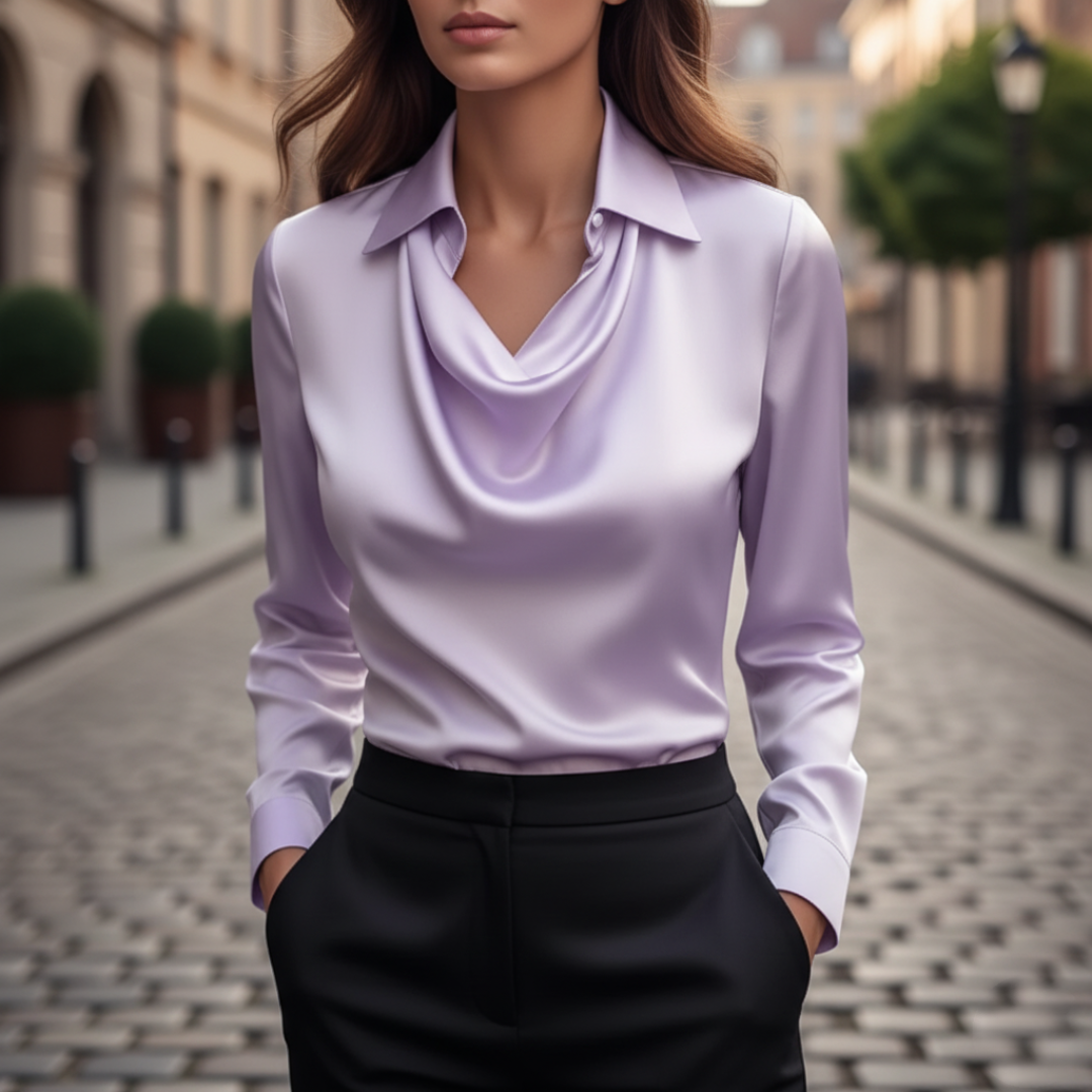 Camicia da donna in raso con collo a scialle e maniche lunghe