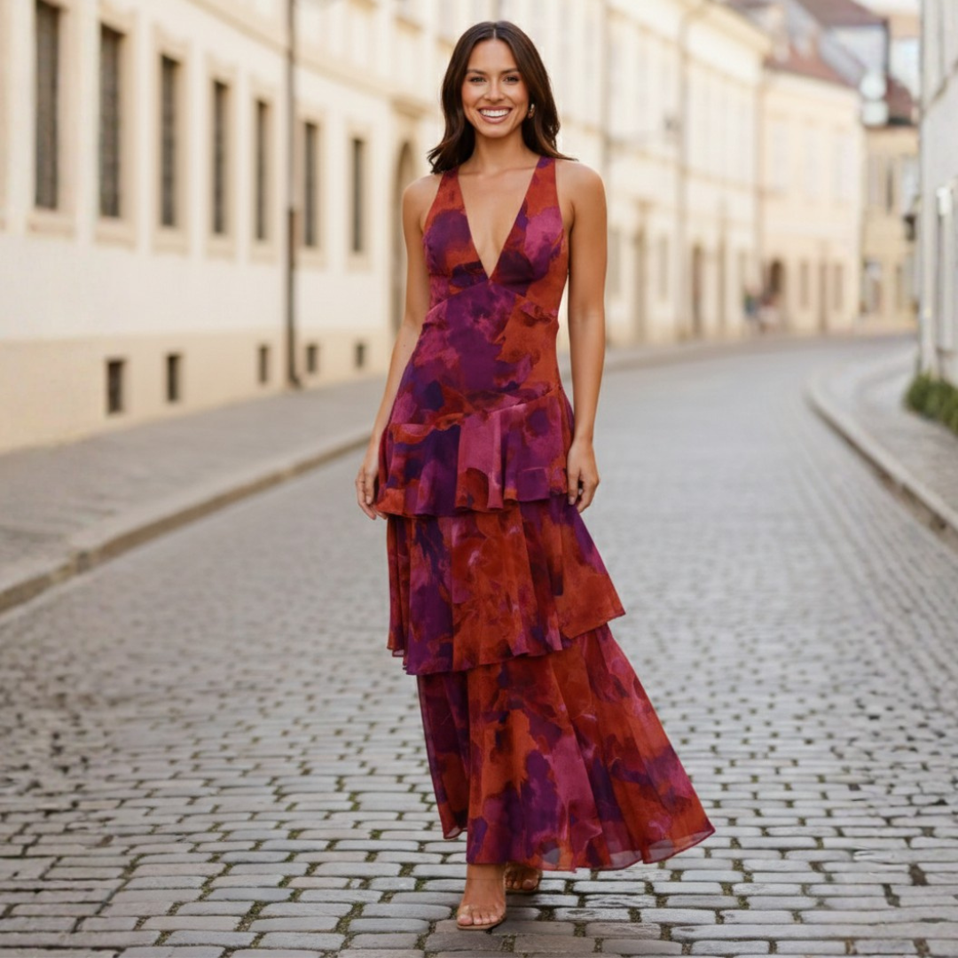 Long Women's Dress with V-Neck Ruffles Floral Print