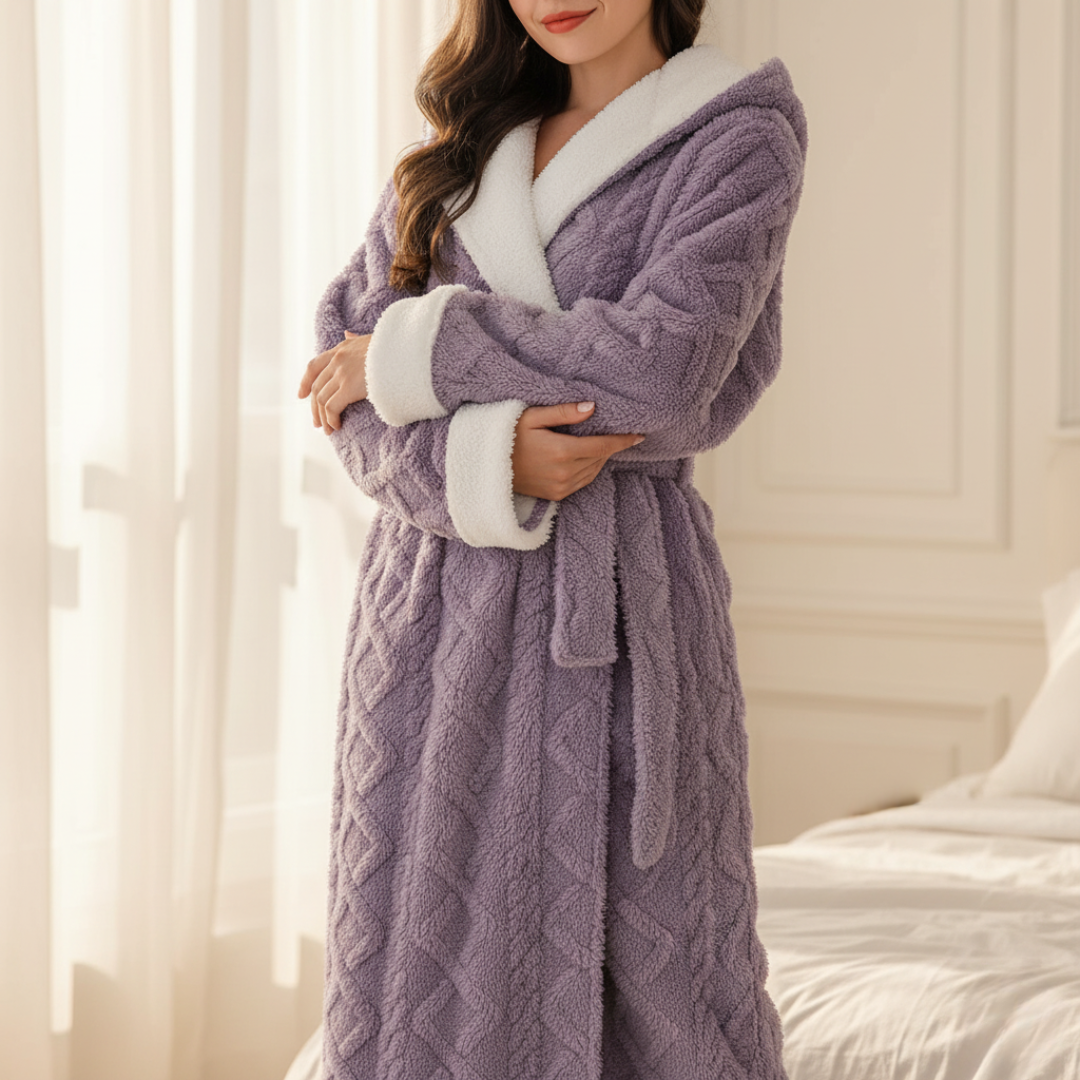 Women's Soft Blend Bathrobe with Hood and Cable Knit Texture