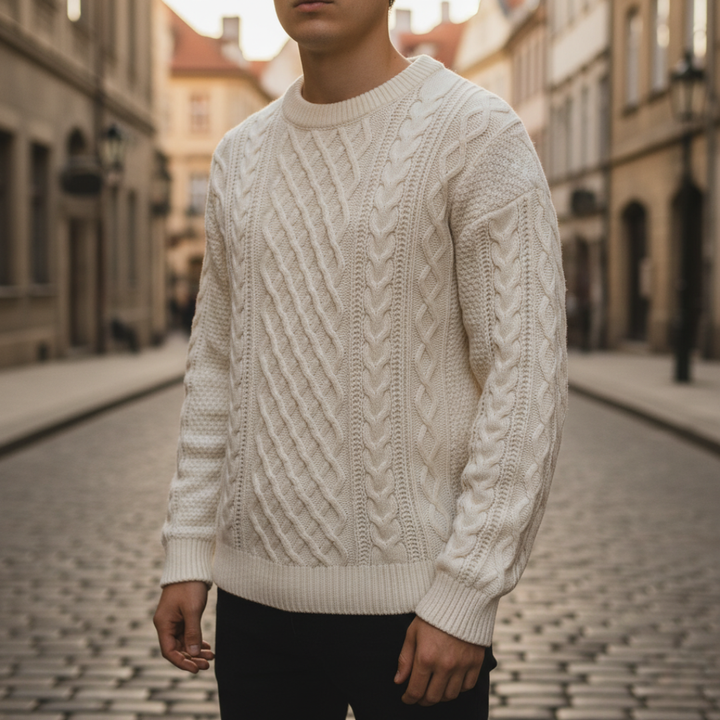 Men's Crew Neck Cable Knit Sweater in Soft Yarn