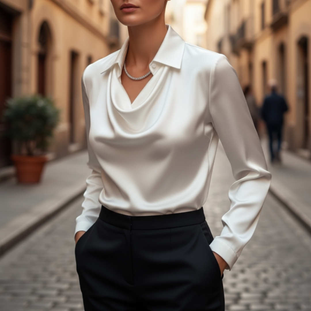 Camicia da donna in raso con collo a scialle e maniche lunghe