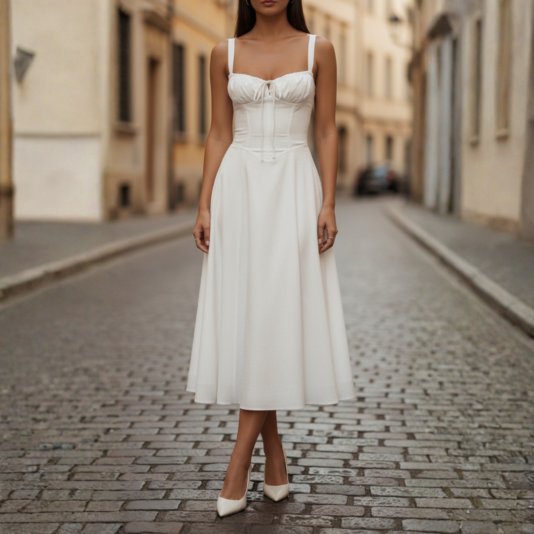 Women's Midi Dress with Laced Bodice and Flared Skirt