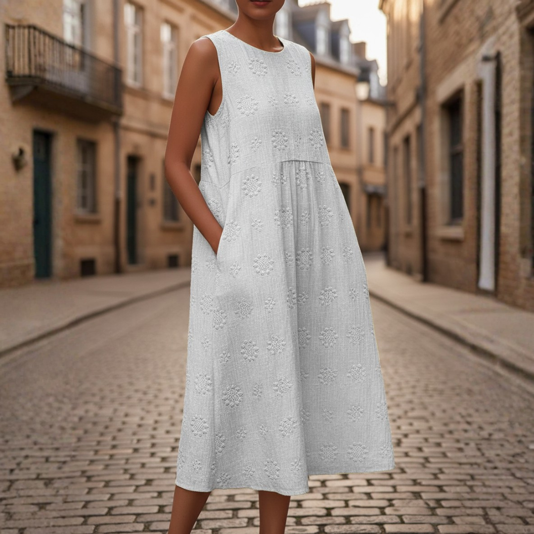 Women's Midi Dress in Cotton with Floral Embroidery