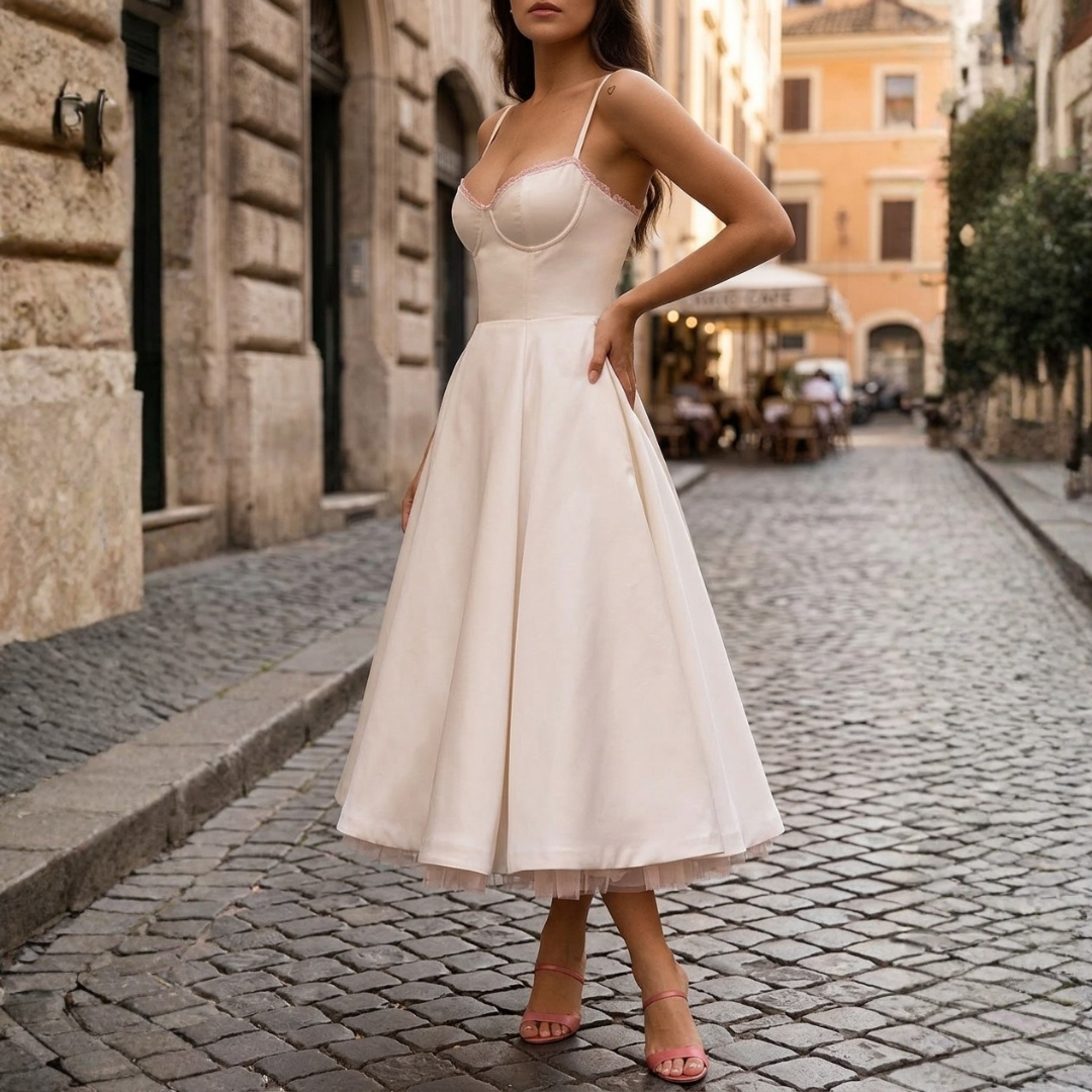 Women's Midi Dress in Satin with Structured Bodice and Straps