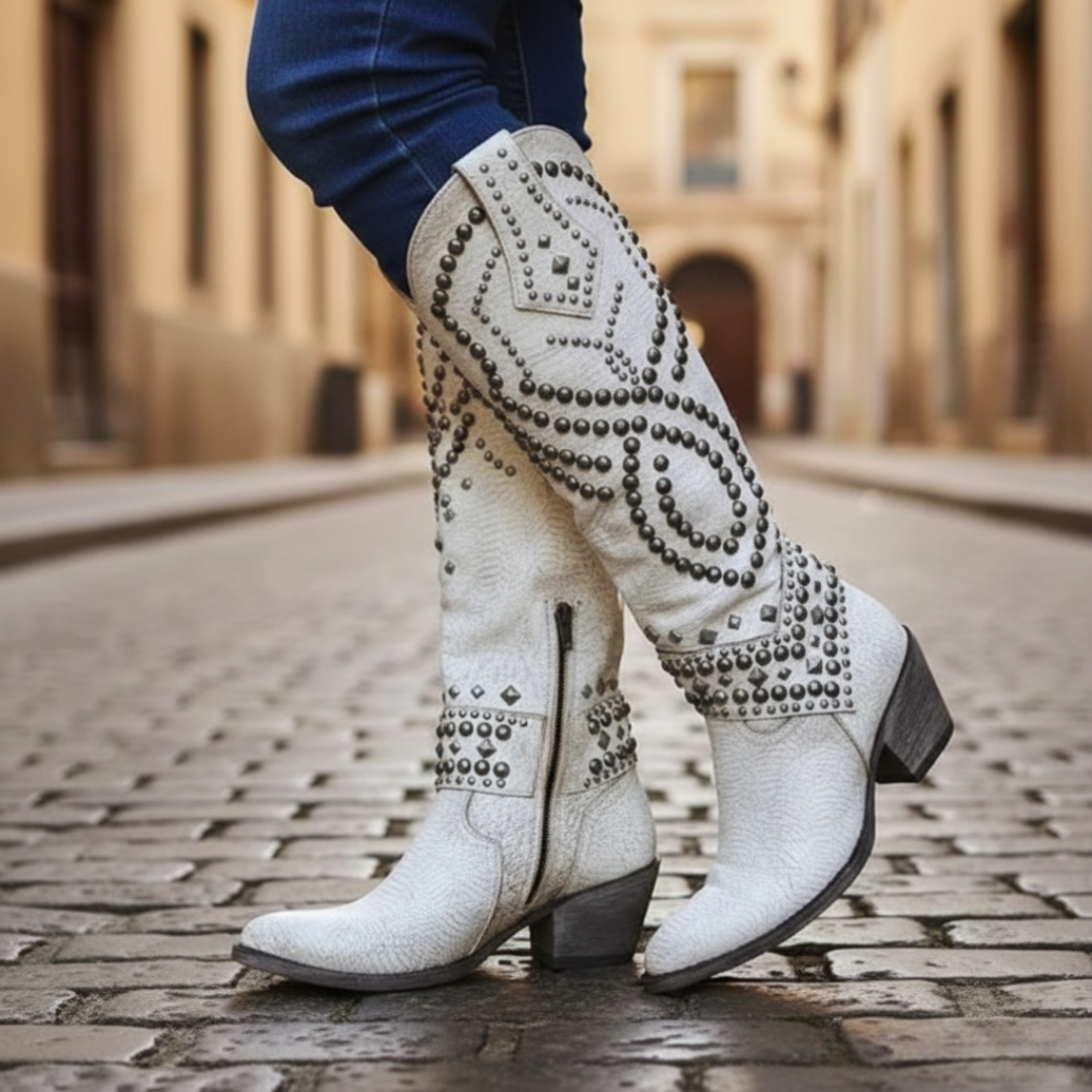 Women's Faux Leather Studded Heeled Boots