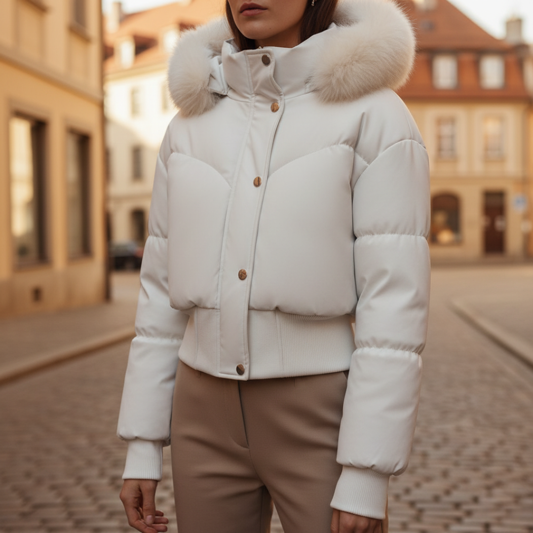 Women's Puffer Jacket with Hood Synthetic Fur Waterproof Material