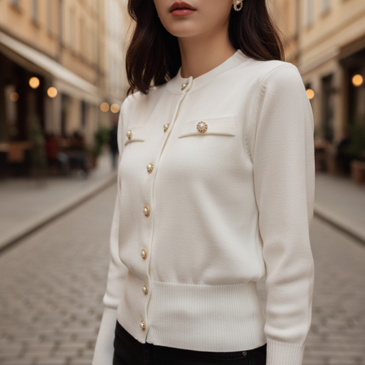 Women's Cardigan with Button Closure in Mixed Fabric