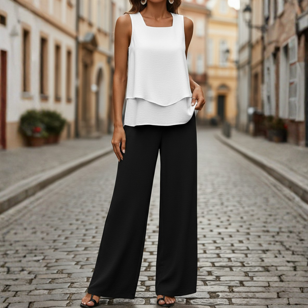 Complete Two-Piece Layered Sleeveless Top Wide Leg Pants for Women