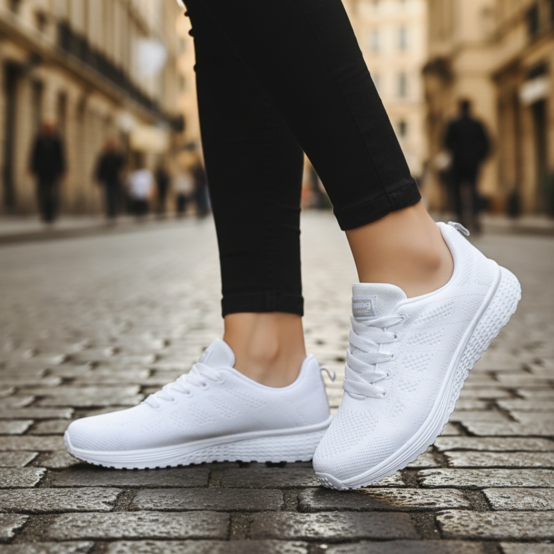 Women's Black Breathable Mesh Running Shoes with White Sole