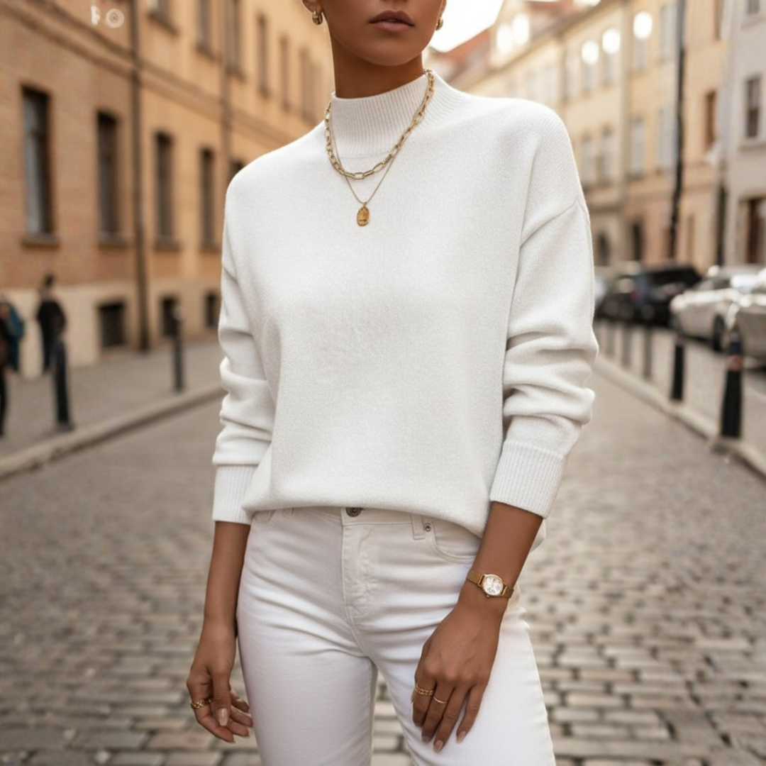 Women's High Neck Sweater in Milk White