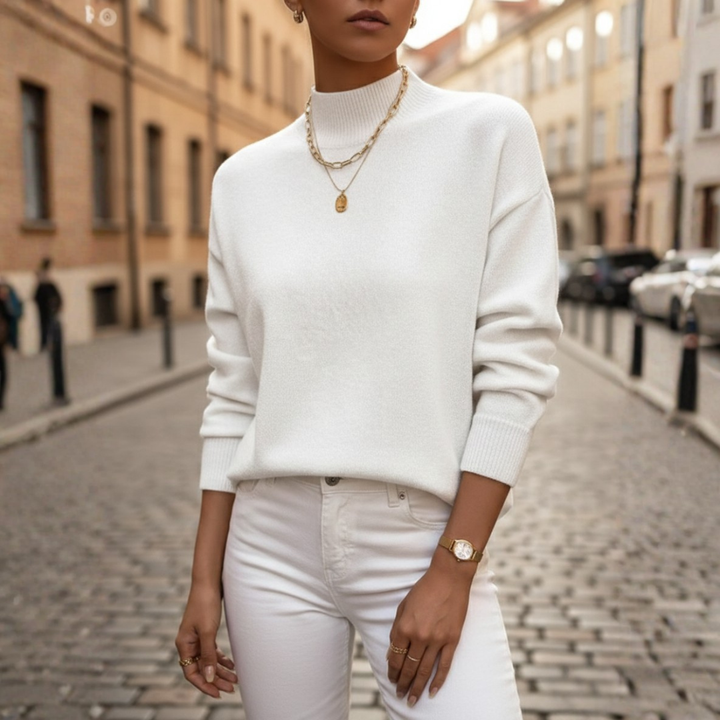 Maglione da donna a collo alto color bianco latte