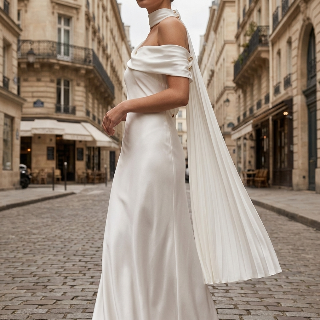 Women's Maxi Dress in Satin with American Neckline