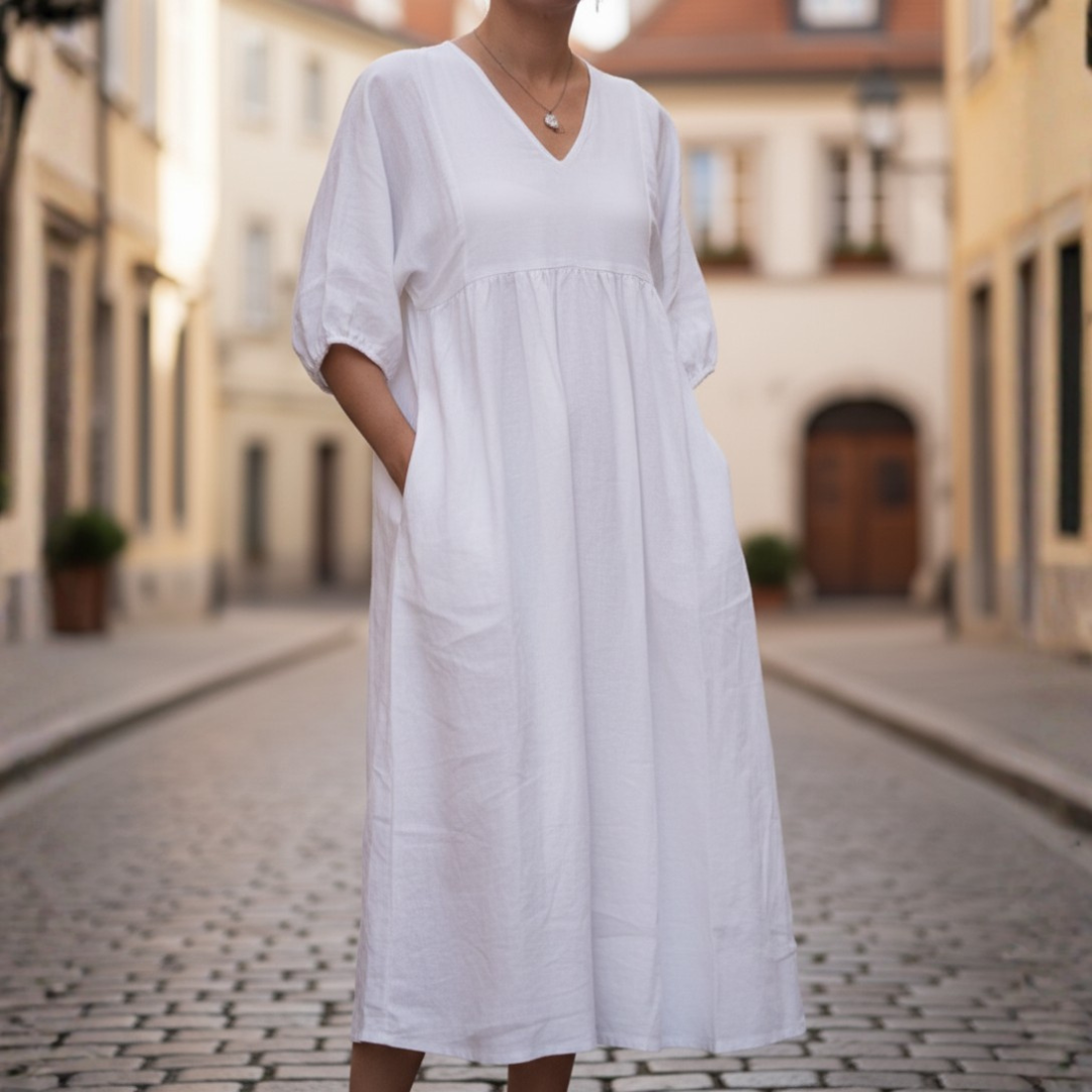 Maxi Dress for Women with V-Neck, Puff Sleeves, Side Pockets, Loose Fit