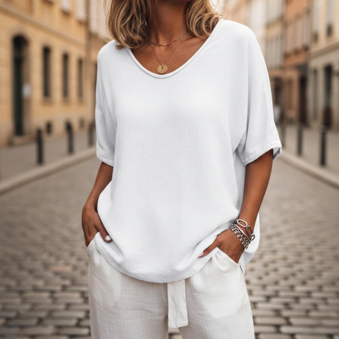 Short Sleeve Blouse with Round Neck Solid Color for Women