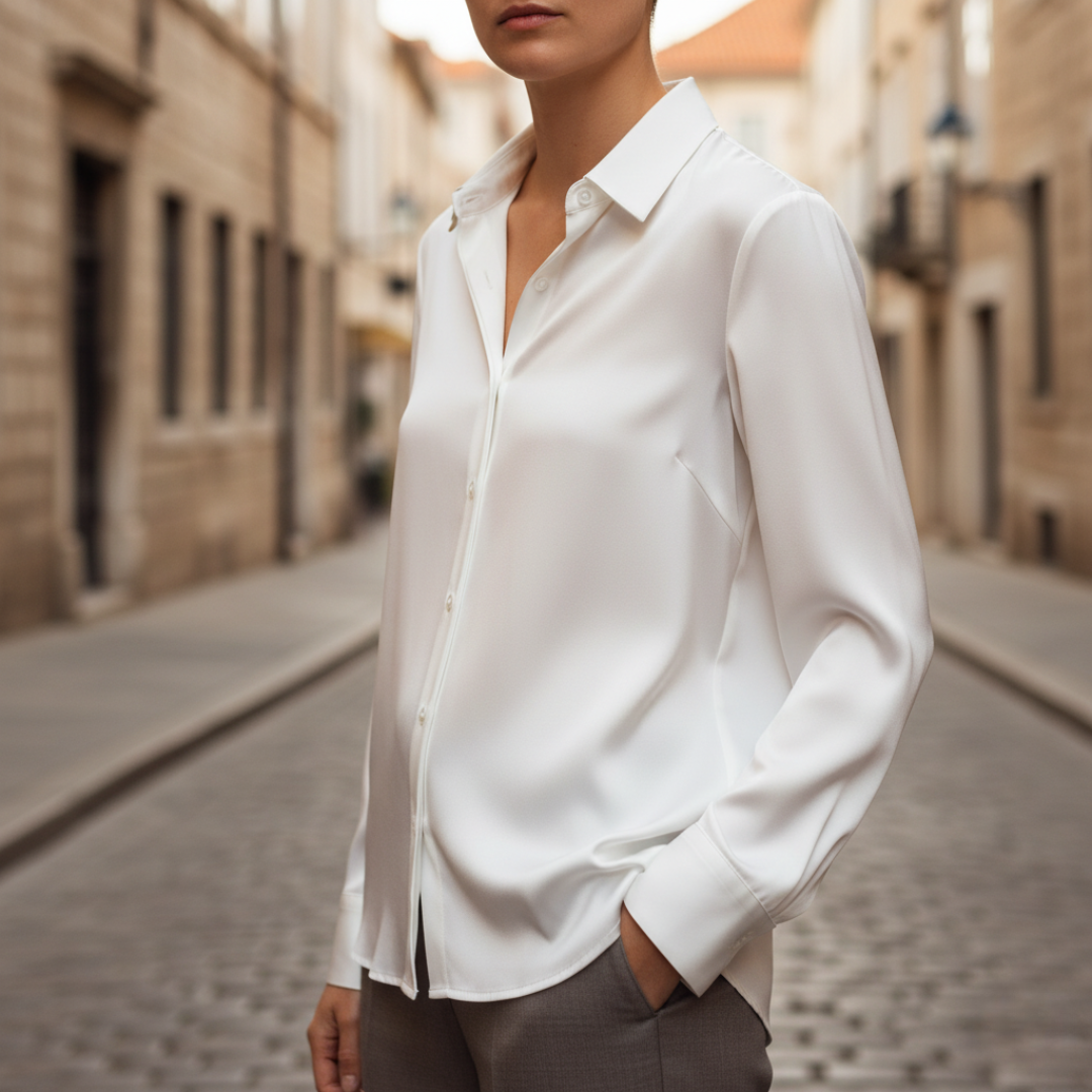 Shiny Satin Button-Up Shirt for Women