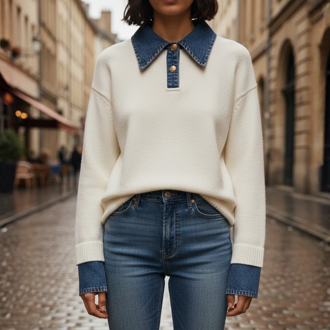 Women's Sweater with Denim Collar