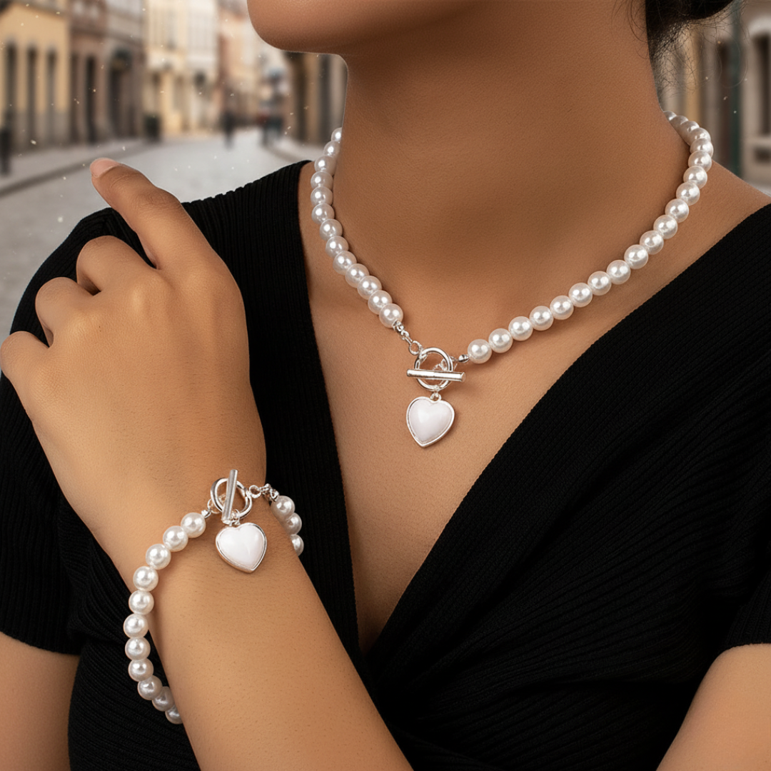 Women's Necklace and Bracelet Set with Artisan Pearls and Heart