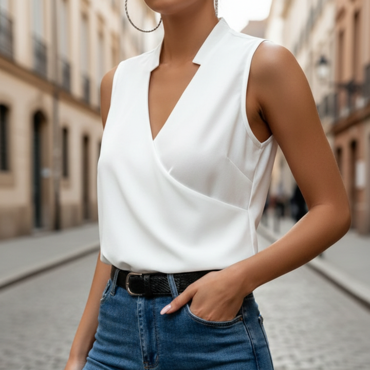 Blusa senza maniche da donna con scollo a V incrociato a tinta unita