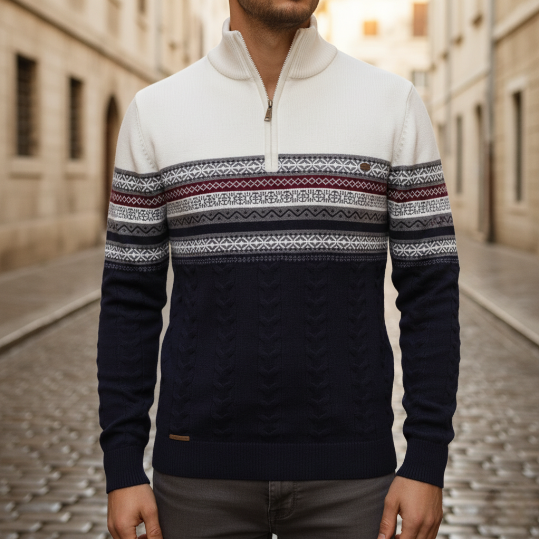 Men's Half Zip Sweater in Mixed Fabric Pattern