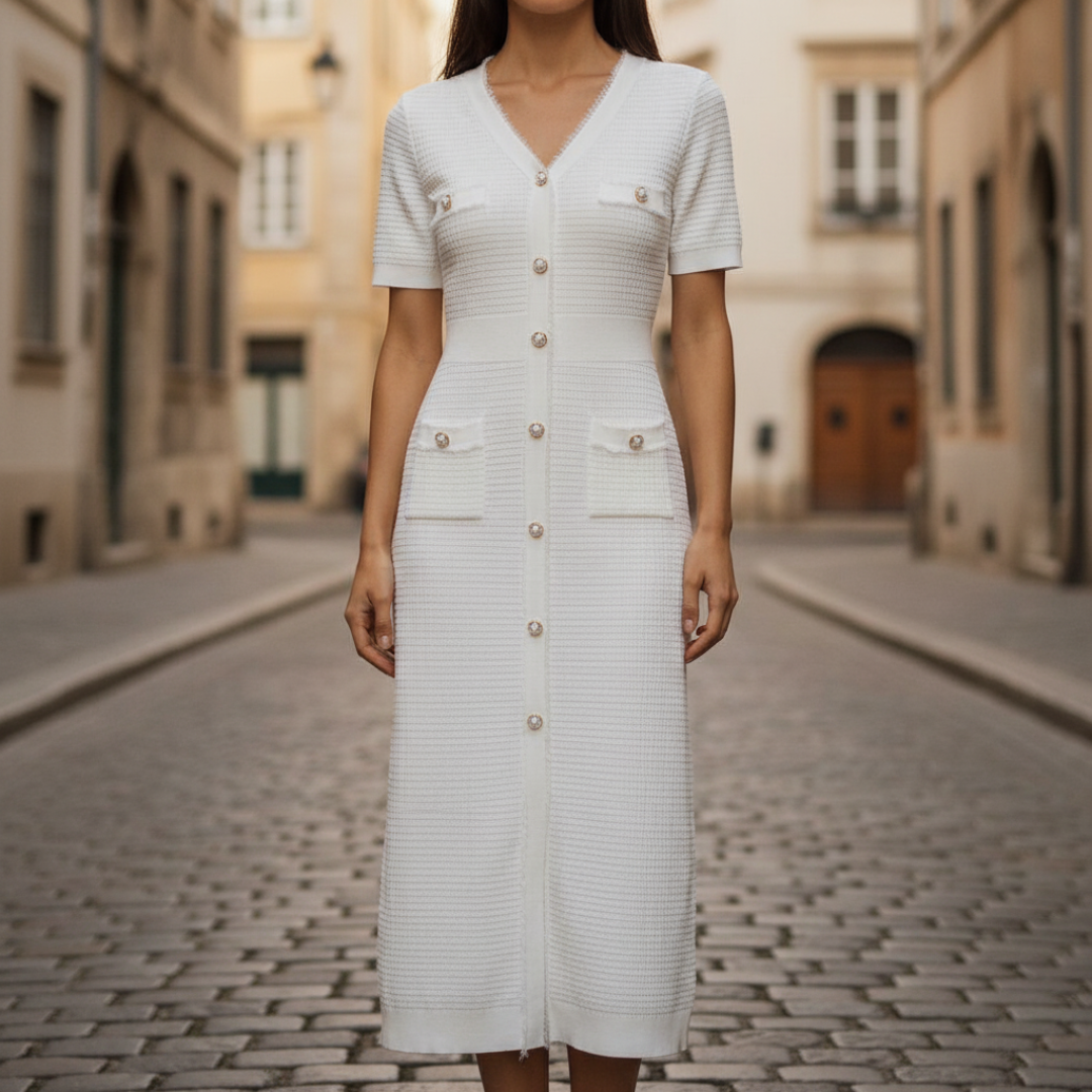 Brown Knit Midi Dress with Buttons and Fringes