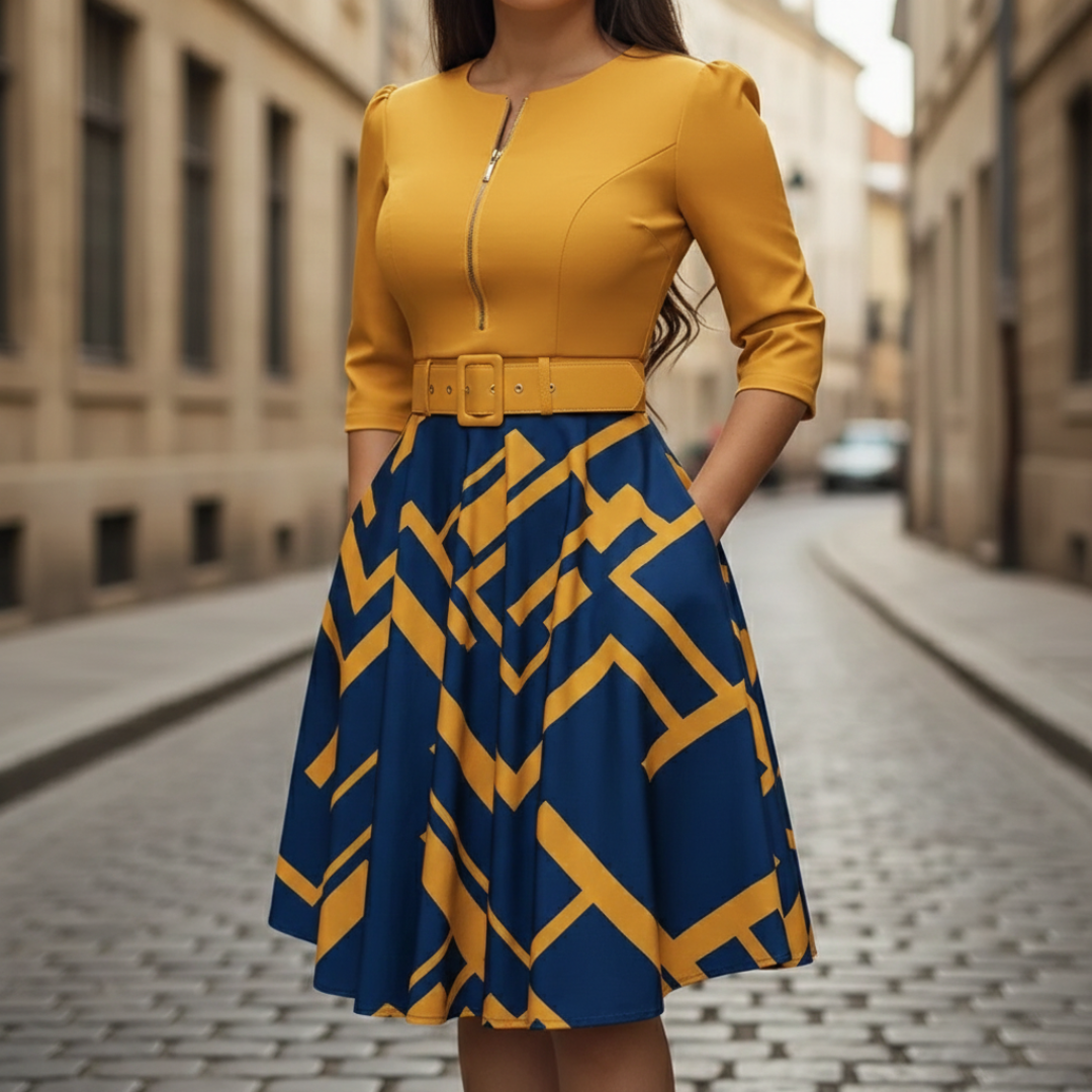 Women's Flared Dress with Front Zip and Belt