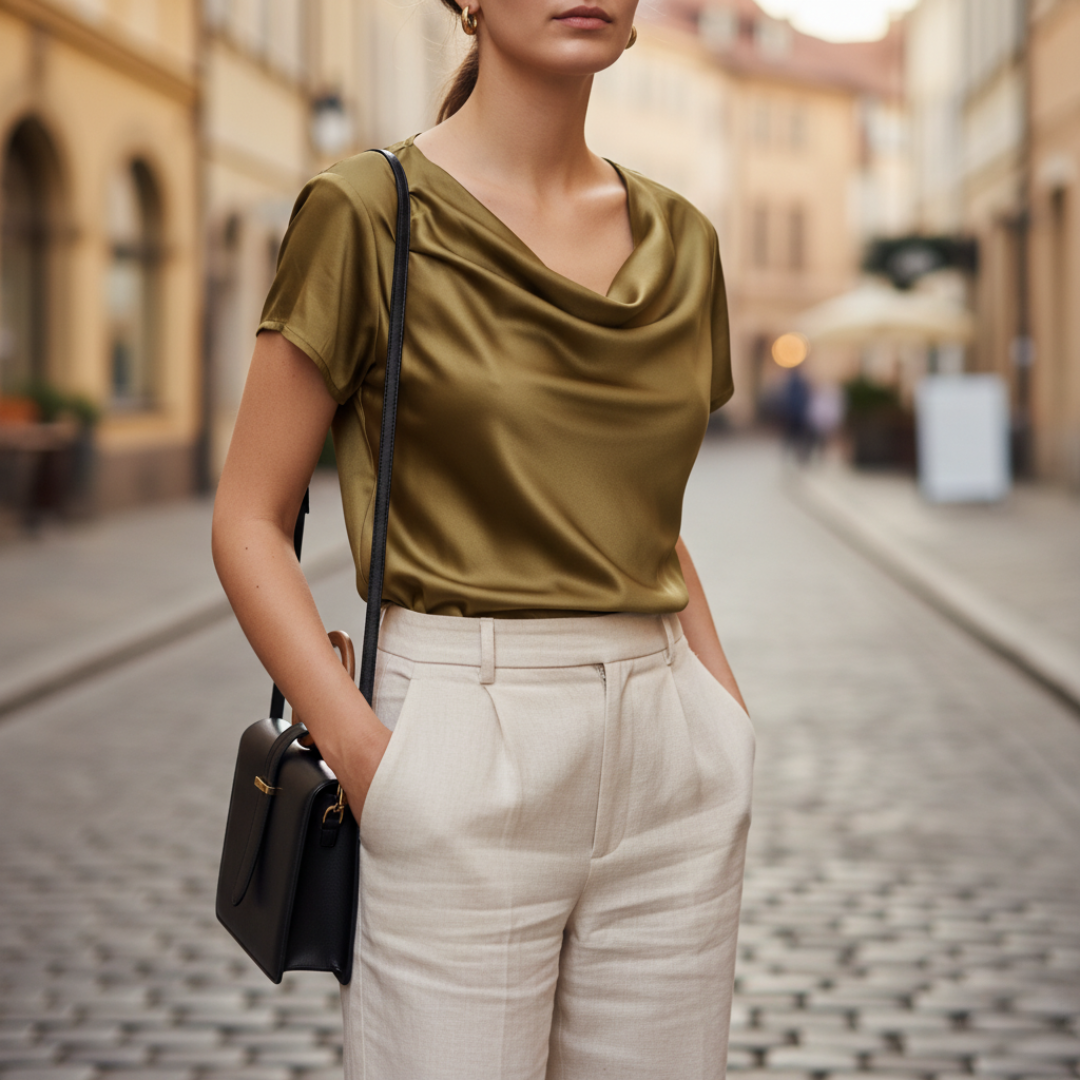Women's Satin Blouse Short Sleeves Cowl Neck