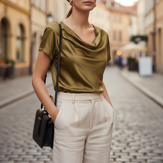 Women's Satin Blouse Short Sleeves Cowl Neck
