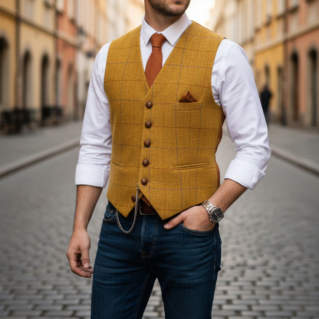 Elegant Men's Single-Breasted Check Waistcoat