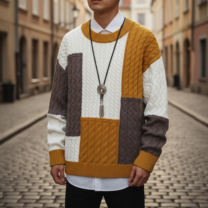 Colorful Men's Wool Sweater with Geometric Patterns