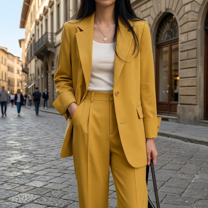 Completo a righe da donna con blazer monopetto e pantaloni a vita alta